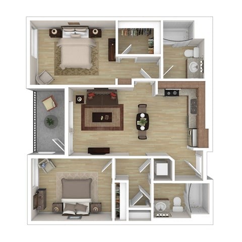 Floor plan for 2 beds, 2 baths, 952 sqft